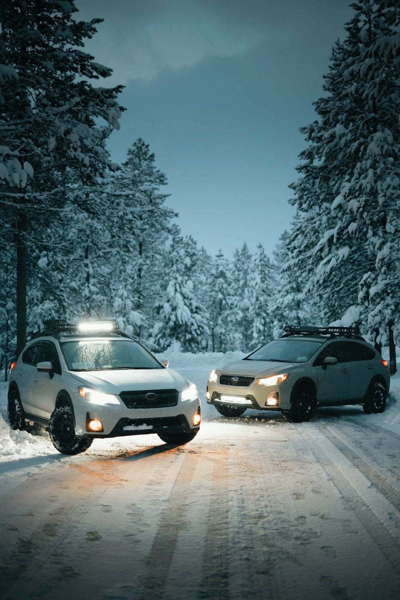 Two White Suvs on Snow covered Road