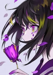 Anime girls original characters dark hair purple eyes flowers wallpaper