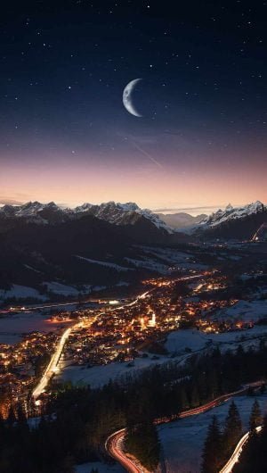 City in Mountains Night Moon