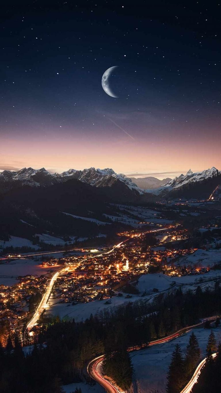 City in Mountains Night Moon