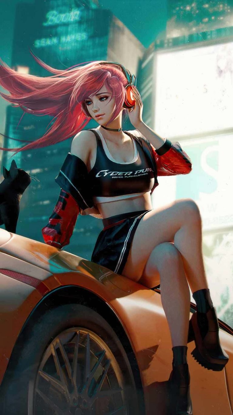 Cyberpunk anime girl with mclaren and cat