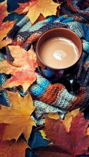 Fall leaves with a tea of cup wallpaper for iPhone