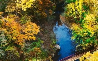 aerial photography of brown metal bridge surrounde