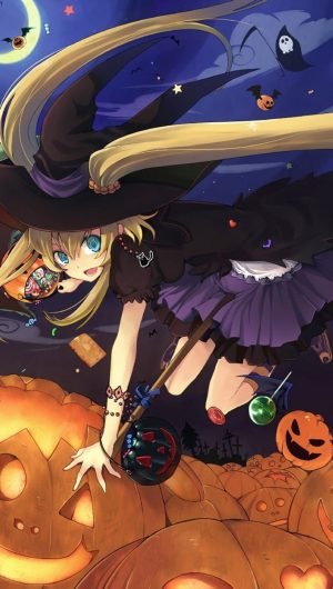anime character 2 wallpaper Halloween pumpkin witch hat heels