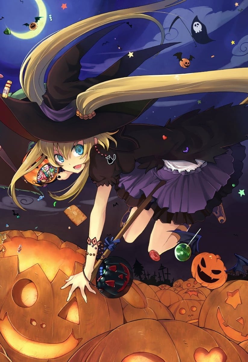 anime character 2 wallpaper Halloween pumpkin witch hat heels