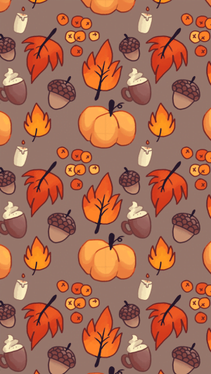 autumn desktop wallpaper gray background drawings of pumpkins fall leaves candles berries cappucinos