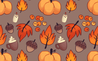 autumn desktop wallpaper gray background drawings of pumpkins fall leaves candles berries cappucinos