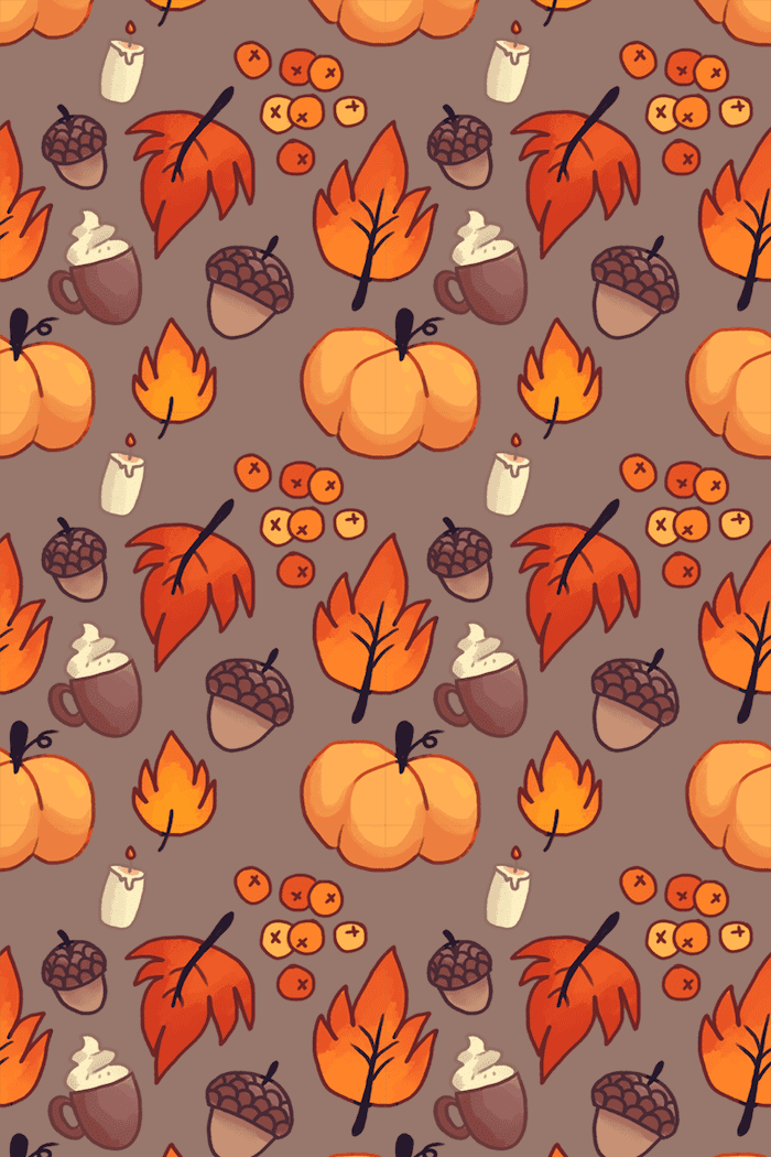 autumn desktop wallpaper gray background drawings of pumpkins fall leaves candles berries cappucinos