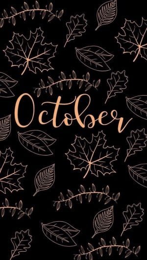 black background autumn wallpaper iphone october written in the middle with orange cursive font surrounded by drawings of leaves