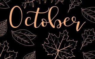 black background autumn wallpaper iphone october written in the middle with orange cursive font surrounded by drawings of leaves