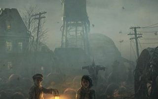 boy and girl in the middle ruins with Jack o lanterns digital wallpaper halloween