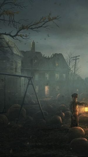 boy in the middle ruins with Jack o lanterns digital halloween wallpaper
