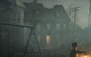 boy in the middle ruins with Jack o lanterns digital halloween wallpaper