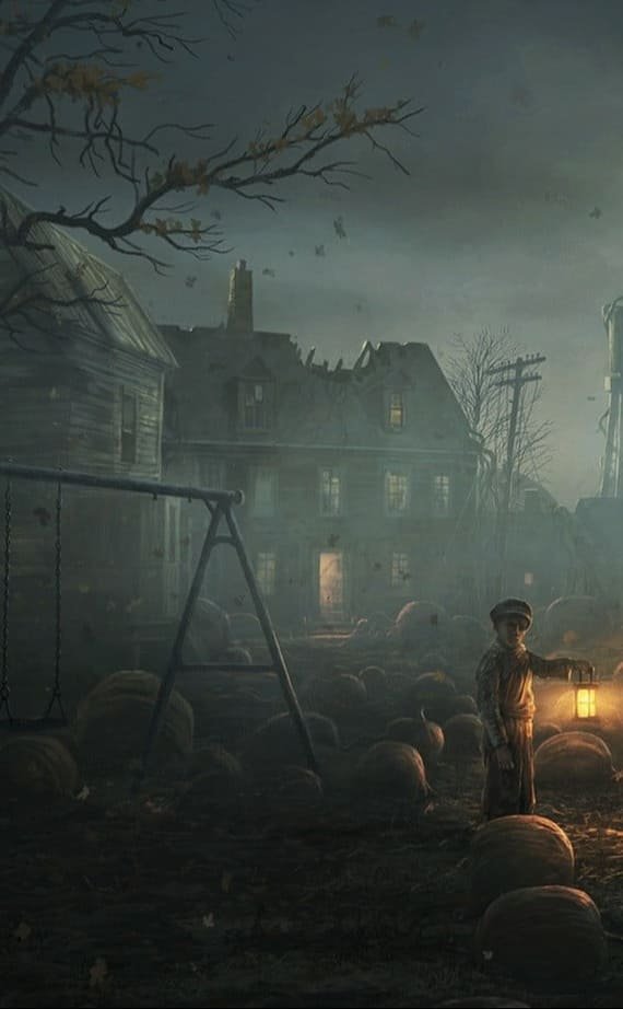 boy in the middle ruins with Jack o lanterns digital halloween wallpaper