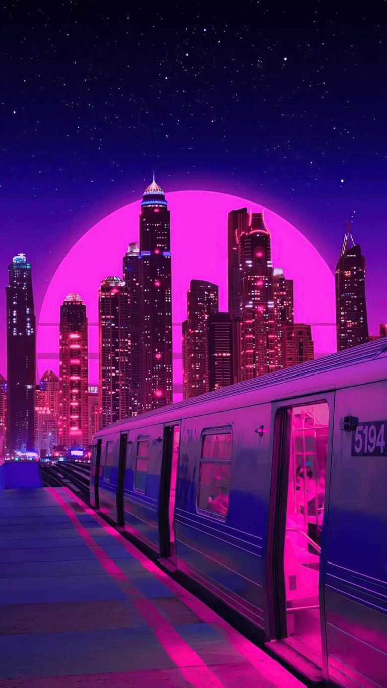 train neon synthwave buildings