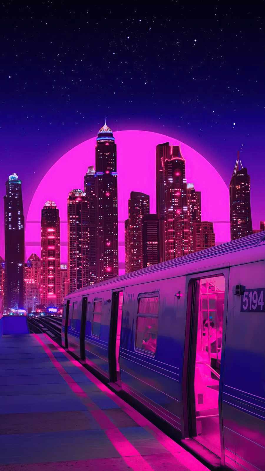 train neon synthwave buildings