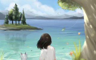 HD wallpaper black haired female anime digital art Lab anime girls pfp cute cat in sea