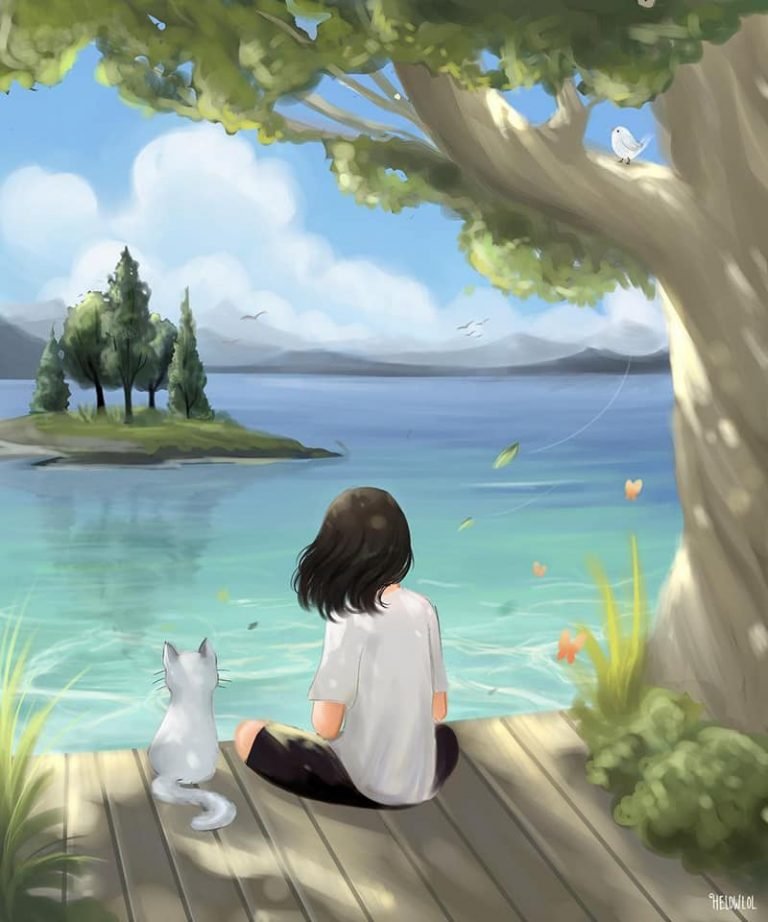 HD wallpaper black haired female anime digital art Lab anime girls pfp cute cat in sea