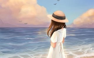 HD wallpaper black haired female anime digital art Lab anime girls sea bech cat