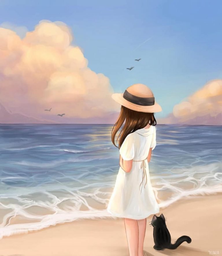 HD wallpaper black haired female anime digital art Lab anime girls sea bech cat