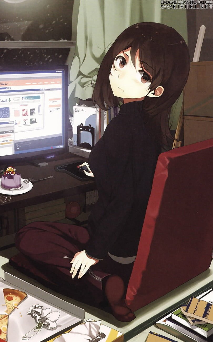 HD wallpaper brown haired female anime character facing computer monitor wallpaper
