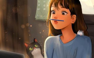 HD wallpaper brown haired female anime digital art Lab anime girls pfp pen and cat