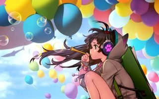 HD wallpaper girl and balloons animated wallpaper black haired anime character sitting near balloons illustratio