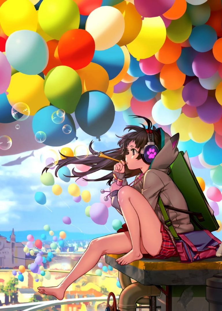 HD wallpaper girl and balloons animated wallpaper black haired anime character sitting near balloons illustratio