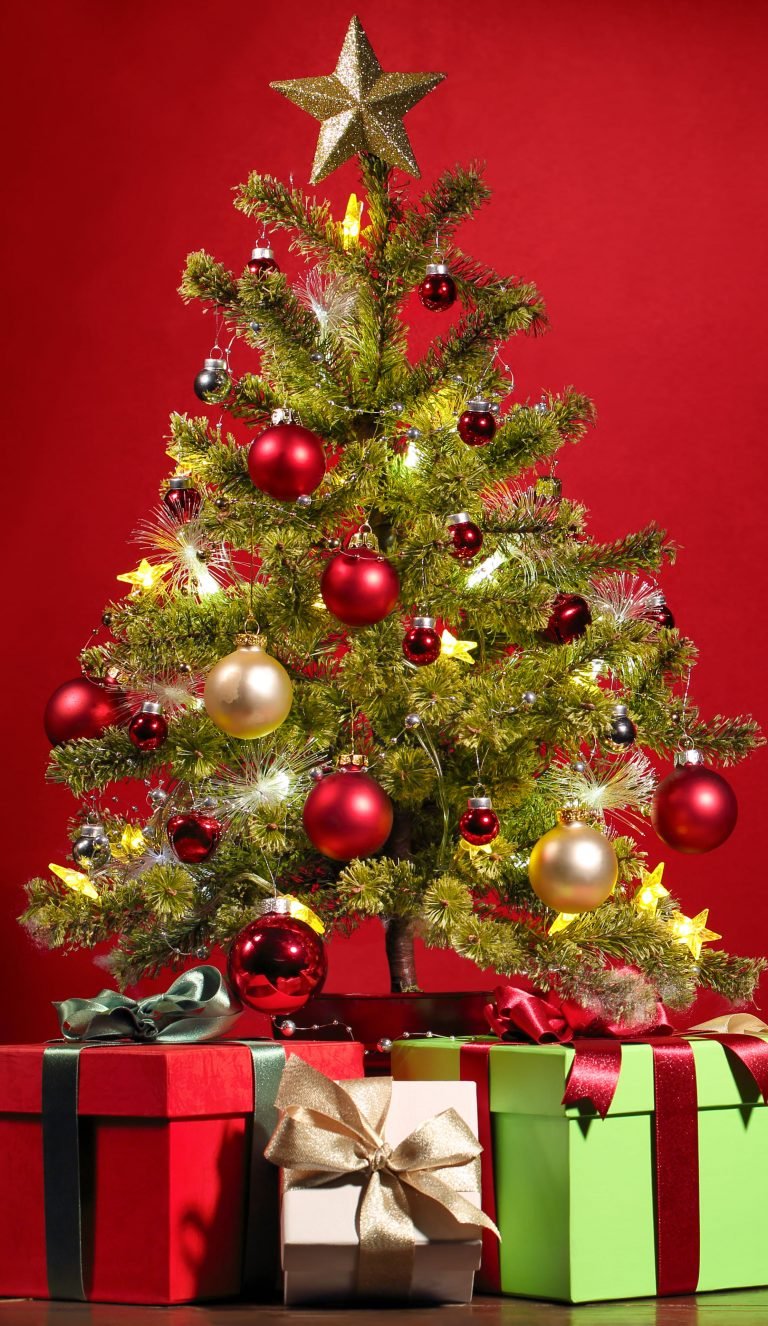 HD wallpaper green Christmas tree and assorted color gift boxes stars gifts christmas tree christmas cards 1 scaled