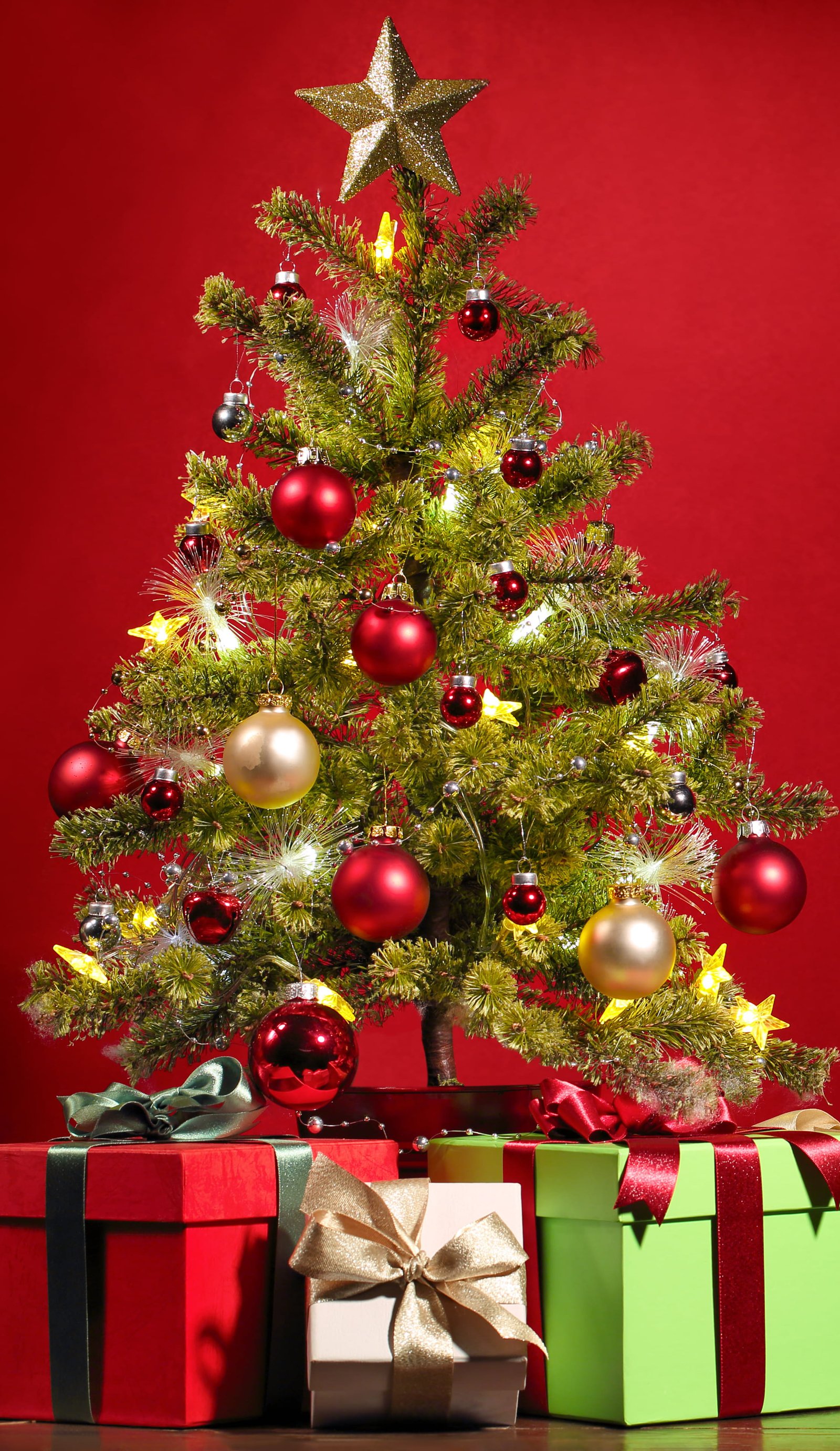 HD wallpaper green Christmas tree and assorted-color gift boxes, stars, gifts-christmas tree-christmas cards