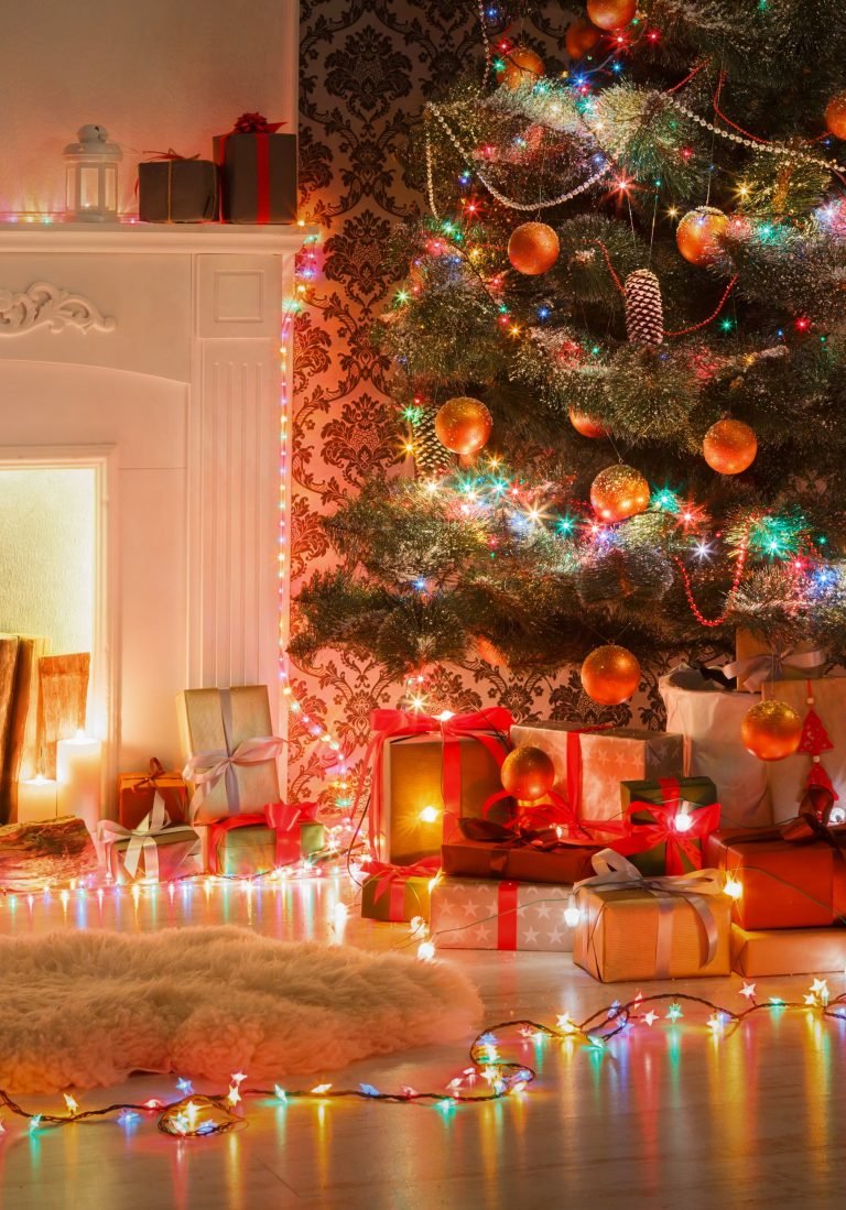 HD wallpaper green pre lit Christmas tree decoration toys New Year gifts christmas cards 1 scaled