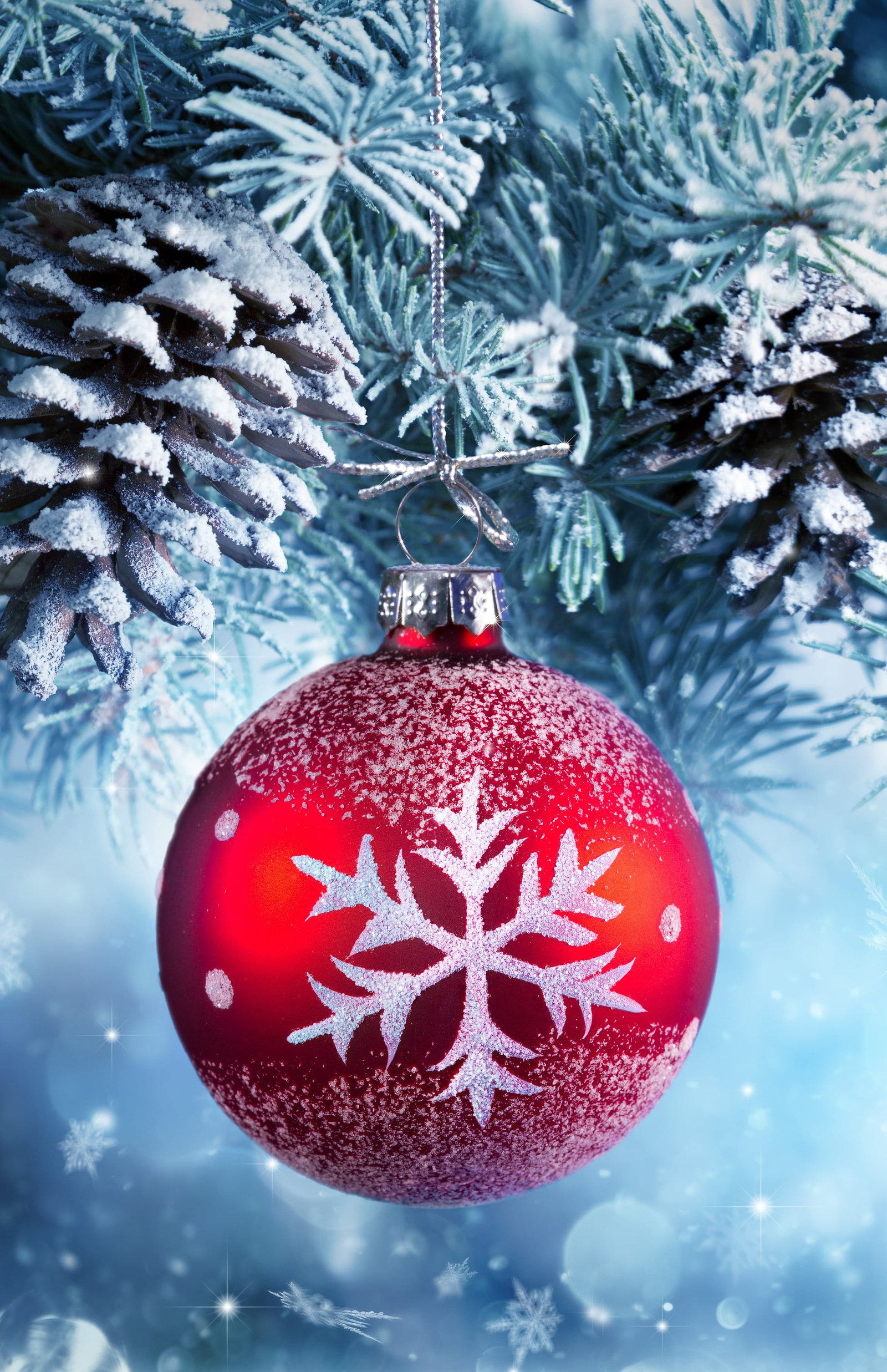 HD wallpaper red and white Christmas bauble with Christmas tree, snow, decoration-christmas cards