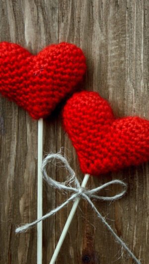 HD wallpaper valentines cards two red crochet heart decors wood Valentines Day wooden surface
