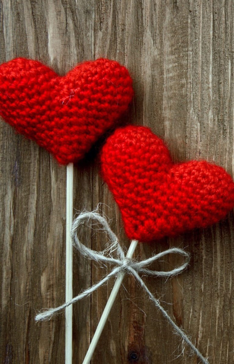 HD wallpaper valentines cards two red crochet heart decors wood Valentines Day wooden surface