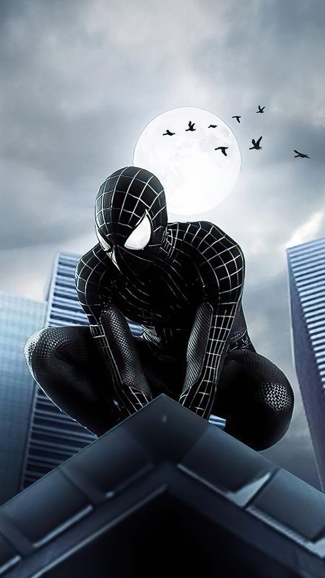 4k Black Spiderman wallpaper on the Roof iPhone backgound